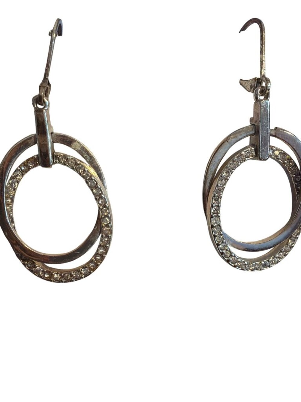 Nine West Silver Tone Double Circle Dangle Earrings Leverback Rhinestones 2"